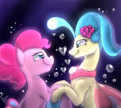 Size: 2000x1788 | Tagged: safe, artist:ponykittenboi, derpibooru import, pinkie pie, princess skystar, seapony (g4), my little pony: the movie, blue eyes, bubble, eyelashes, female, fin wings, fins, flower, flower in hair, heart bubbles, heart eyes, holding hooves, image, jewelry, lesbian, looking at each other, love, necklace, pearl necklace, png, seaponified, seapony pinkie pie, shipping, signature, skypie, smiling, species swap, underwater, water, wingding eyes, wings