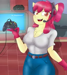 Size: 2520x2822 | Tagged: suggestive, artist:megajesus15, derpibooru import, apple bloom, anthro, belt, breasts, busty apple bloom, cameltoe, chest fluff, cleavage, clothes, console, erect nipples, gloves, headphones, image, jeans, jpeg, microphone, nipple outline, open mouth, pants, solo, television, xbox