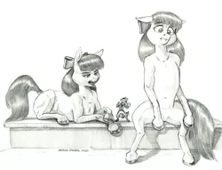 Size: 1400x1072 | Tagged: safe, artist:baron engel, derpibooru import, apple bloom, oc, oc:king trafalgar maximilian augustus leopold iii, earth pony, mouse, pony, cloven hooves, doppelganger, female, image, jpeg, male, monochrome, open mouth, pencil drawing, story in the source, traditional art