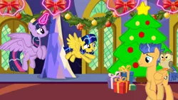 Size: 1280x720 | Tagged: safe, artist:mlplary6, derpibooru import, flash sentry, owlowiscious, twilight sparkle, twilight sparkle (alicorn), oc, oc:star sparkle, alicorn, bird, owl, pegasus, pony, christmas, christmas lights, christmas tree, family, female, flashlight, heartwarming, holiday, image, male, offspring, parent:flash sentry, parent:twilight sparkle, parents:flashlight, png, present, shipping, straight, tree, twilight's castle