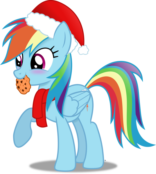 Size: 3257x3641 | Tagged: safe, artist:anime-equestria, derpibooru import, rainbow dash, pegasus, pony, blushing, christmas, clothes, cookie, cute, daaaaaaaaaaaw, dashabetes, female, food, happy, hat, high res, hnnng, holiday, image, mare, mouth hold, png, raised hoof, santa hat, scarf, simple background, smiling, solo, transparent background, vector, weapons-grade cute, wings