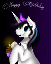 Size: 1080x1350 | Tagged: safe, artist:rxndxm.artist, derpibooru import, oc, oc:shooting star, unofficial characters only, pony, unicorn, bust, candle, cupcake, female, food, gradient background, happy birthday, hat, horn, image, jewelry, jpeg, mare, necklace, party hat, solo, unicorn oc