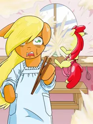 Size: 1536x2048 | Tagged: safe, artist:batipin, derpibooru import, apple bloom, applejack, earth pony, pony, apple sisters, apron, bipedal, chopsticks, clothes, cooking, cream, dexterous hooves, duo, explosion, female, image, jpeg, kitchen, lethal chef, mare, missing accessory, siblings, sisters, translated in the comments, whisk