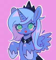 Size: 720x775 | Tagged: safe, artist:mesqrit, derpibooru import, princess luna, alicorn, pony, blushing, crown, cute, female, filly, image, jewelry, lunabetes, no pupils, open mouth, pink background, png, regalia, simple background, solo, spread wings, wings, woona, younger