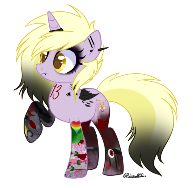 Size: 1039x1010 | Tagged: safe, artist:wicked-red-art, derpibooru import, dinky hooves, pony, unicorn, icey-verse, commission, ear piercing, earring, eyeshadow, female, goth, horn, horn ring, image, jewelry, lip piercing, makeup, mare, older, older dinky hooves, piercing, png, raised hoof, ring, simple background, solo, tattoo, transparent background