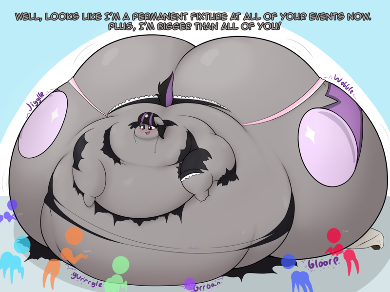 Size: 4980x3720 | Tagged: questionable, artist:czu, derpibooru import, part of a set, oc, oc:magna-save, unofficial characters only, pony, unicorn, abstract background, belly, belly bed, big belly, bingo wings, blob, blushing, butt, cake, chubby cheeks, clothes, commission, crowd, cupcake, dialogue, dress, ear fluff, fat, floppy ears, food, generic pony, horn, horn ring, huge belly, huge butt, hyper, hyper belly, hyper butt, image, immobile, impossibly large belly, impossibly large butt, impossibly large everything, jewelry, large butt, magic, morbidly obese, neck roll, obese, onomatopoeia, open mouth, panties, part of a series, png, raised hoof, ring, smiling, solo focus, stomach noise, table, telekinesis, text, torn clothes, underwear