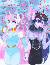 Size: 2974x3808 | Tagged: safe, artist:frozensoulpony, derpibooru import, princess flurry heart, oc, oc:lilac, anthro, hybrid, image, jpeg, magical lesbian spawn, offspring, older, parent:autumn blaze, parent:princess luna, traditional art