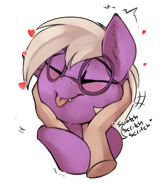 Size: 2226x2457 | Tagged: safe, artist:beardie, derpibooru import, part of a set, oc, oc:pinkfull night, unofficial characters only, bat pony, human, pony, beardies scritching ponies, blushing, commission, cute, disembodied hand, eyes closed, fangs, female, glasses, hand, heart, human on pony petting, image, petting, png, teenager, tongue out, ych result