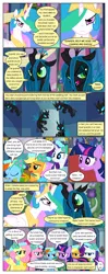 Size: 612x1552 | Tagged: safe, artist:newbiespud, derpibooru import, edit, edited screencap, screencap, applejack, fluttershy, pinkie pie, princess celestia, queen chrysalis, rainbow dash, rarity, twilight sparkle, changeling, changeling queen, earth pony, pegasus, pony, unicorn, comic:friendship is dragons, a canterlot wedding, angry, background pony audience, bowtie, clothes, comic, dialogue, dress, eyelashes, female, flower, flower in hair, freckles, frown, image, indoors, jewelry, male, mane six, mare, necklace, newbie artist training grounds, pearl necklace, peytral, png, screencap comic, stallion, tiara, unicorn twilight