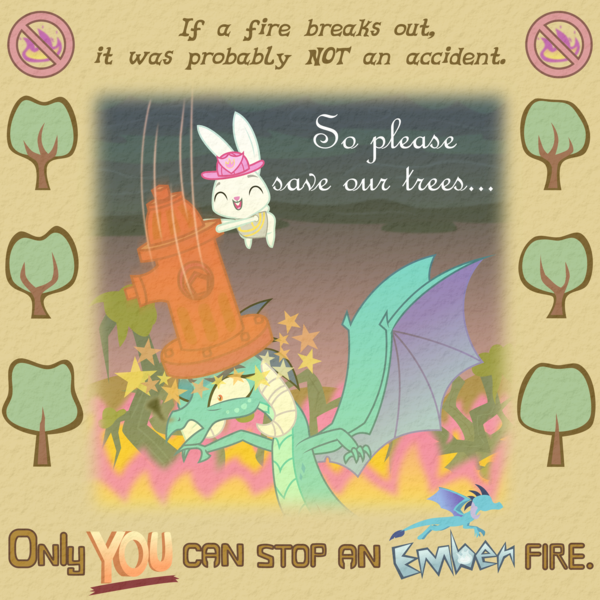 Size: 6969x6969 | Tagged: safe, artist:kmlp, derpibooru import, angel bunny, princess ember, dragon, rabbit, 🚫, animal, derpibooru exclusive, fire, firefighter, fire hydrant, image, png, poster parody, tree, vector