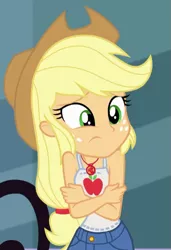 Size: 461x673 | Tagged: safe, derpibooru import, screencap, applejack, equestria girls, equestria girls series, street chic, spoiler:eqg series (season 2), applejack's hat, clothes, cold, cowboy hat, cropped, geode of super strength, hat, image, magical geodes, png, sleeveless, solo, tanktop