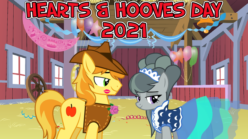Size: 2064x1161 | Tagged: safe, anonymous artist, derpibooru import, braeburn, marble pie, earth pony, pony, 2021, applejack's barn, balloon, barn, boutonnière, braeble, braeburn's hat, clothes, cowboy hat, dress, duo, female, flower, hat, hearts and hooves day, holiday, image, kiss mark, lipstick, lyrics in the description, male, party, png, shipping, straight, valentine's day, vest, youtube link in the description