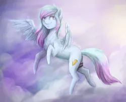 Size: 2999x2439 | Tagged: safe, artist:cvanilda, derpibooru import, oc, unofficial characters only, pegasus, pony, flying, image, jpeg, pegasus oc, sky, smiling, solo, tail, wings