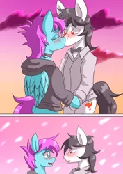 Size: 1700x2400 | Tagged: safe, artist:zachc, derpibooru import, earth pony, pegasus, blushing, bowtie, choker, clothes, female, image, kissing, looking at each other, male, png, wings