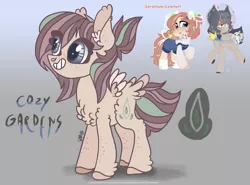 Size: 2255x1668 | Tagged: safe, artist:caramelbolt24, derpibooru import, oc, oc:cozy gardens, unofficial characters only, pegasus, pony, abstract background, chest fluff, clothes, colored hooves, ear fluff, eye clipping through hair, grin, image, jpeg, offspring, parents:oc x oc, pegasus oc, signature, smiling, two toned wings, wings