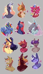 Size: 2000x3400 | Tagged: safe, artist:spookierdeer, derpibooru import, applejack, big macintosh, fluttershy, maud pie, pinkie pie, rainbow dash, rarity, starlight glimmer, sunset shimmer, trenderhoof, trixie, twilight sparkle, anthro, flutter pony, alternate design, big breasts, breasts, colored wings, eyes closed, featureless breasts, female, flower, flower in hair, gray background, image, male, mane six, mouthpiece, multicolored wings, noblewoman's laugh, png, race swap, rainbow wings, redesign, simple background, twitterina design, wings