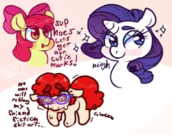 Size: 1008x792 | Tagged: safe, artist:unclecucky, derpibooru import, apple bloom, rarity, twist, earth pony, pony, unicorn, blushing, bow, crying, dialogue, female, filly, glasses, heart, image, mare, neigh, open mouth, png, sad, smiling, sparkles