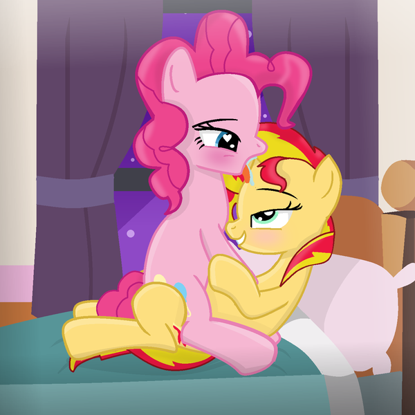 Size: 1342x1342 | Tagged: questionable, artist:grapefruitface1, derpibooru import, pinkie pie, sunset shimmer, pony, unicorn, bed, bedroom eyes, blanket, blushing, curtains, derpibooru exclusive, female, females only, horn, hornjob, image, laying on bed, lesbian, licking, lying down, on bed, pillow, png, saliva on horn, shipping, sitting, sucking, sunsetpie, tongue out, window
