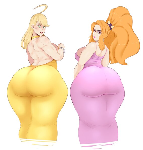 Size: 1943x2048 | Tagged: suggestive, artist:sundown, derpibooru import, adagio dazzle, applejack, human, equestria girls, adagio dat-azzle, applebucking thighs, applebutt, ass, breasts, busty adagio dazzle, busty applejack, butt, female, formal dress, humanized, image, jacqueline applebuck, jpeg, large butt, looking at you, looking back, looking back at you, simple background, the ass was fat, thick, thighs, thunder thighs, white background, wide hips