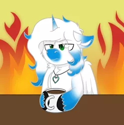 Size: 996x1000 | Tagged: safe, artist:rokosmith26, derpibooru import, part of a set, oc, oc:skyduster, unofficial characters only, alicorn, pony, annoyed, cheek fluff, chest fluff, coffee, coffee mug, commission, cup, fire, floppy ears, fluffy, green eyes, horn, image, jewelry, male, mug, necklace, png, simple background, solo, stallion, table, this is fine, wings, ych result