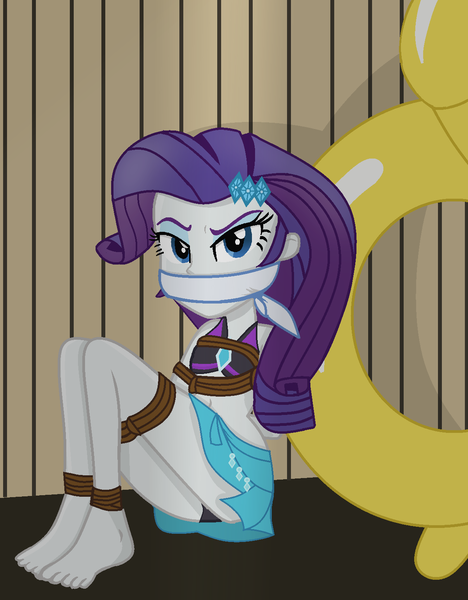 Size: 1200x1540 | Tagged: suggestive, artist:grapefruitface1, derpibooru import, rarity, equestria girls, angry, barefoot, base used, bondage, cloth gag, clothes, feet, gag, image, looking at you, mask, panties, png, pool toy, rarity is not amused, rope, rope bondage, sarong, skirt, swimsuit, unamused, underwear, upskirt