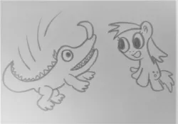 Size: 1275x892 | Tagged: safe, artist:dex stewart, derpibooru import, derpy hooves, kaiju, pegasus, pony, barugon, gamera (series), image, jpeg, monochrome