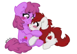 Size: 2047x1440 | Tagged: safe, artist:minty joy, derpibooru import, berry punch, berryshine, oc, earth pony, pony, blushing, canon x oc, chest fluff, couple, cuddling, cute, ear fluff, female, fluffy, happy, hug, image, leg fluff, lesbian, love, mare, png, shipping, simple background, sitting, smiling, transparent background