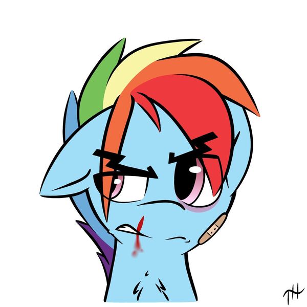 Size: 1280x1280 | Tagged: safe, artist:fakskis, derpibooru import, rainbow dash, pegasus, pony, abuse, blood, dashabuse, image, jpeg, nosebleed, plaster, rainbow blitz, rule 63