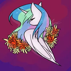 Size: 619x624 | Tagged: safe, artist:variat-dev, derpibooru import, princess celestia, alicorn, pony, bust, eyes closed, facing away, female, flower, image, mare, png, solo