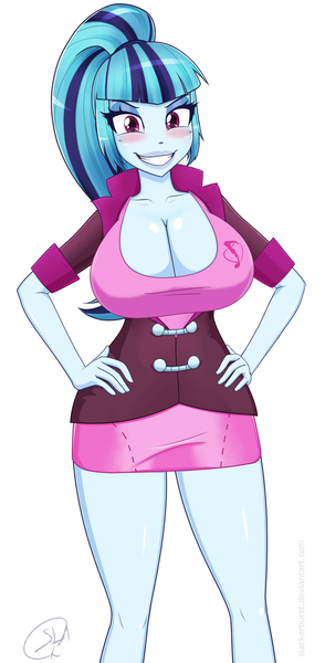 Size: 3136x6400 | Tagged: suggestive, artist:slackerburst, derpibooru import, edit, editor:rufusscridgemore, sonata dusk, equestria girls, bedroom eyes, big breasts, blushing, breasts, busty sonata dusk, cleavage, derpibooru exclusive, grin, hand on hip, image, jpeg, looking at you, smiling