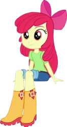 Size: 846x1600 | Tagged: safe, derpibooru import, edit, edited screencap, screencap, apple bloom, human, equestria girls, friendship games, apple bloom's bow, background removed, belt, boots, bow, clothes, female, hair bow, image, jeans, not a vector, pants, png, rain boots, shirt, shoes, sitting, smiling, solo