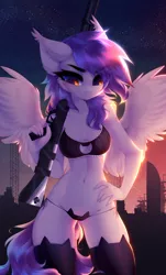 Size: 1432x2375 | Tagged: suggestive, artist:tomness, derpibooru import, oc, oc:gabriel, anthro, pegasus, anthro oc, belly button, boob window, bra, breasts, cat keyhole bra set, cat lingerie, city, clothes, cute, female, image, jpeg, lingerie, night, night sky, pegasus oc, sky, socks, solo, solo female, sunset, thigh highs, underwear, weapon, wings