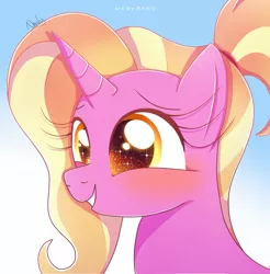 Size: 1024x1040 | Tagged: safe, artist:nnaly, derpibooru import, luster dawn, pony, unicorn, blushing, bust, cute, female, image, jpeg, lusterbetes, mare, portrait, signature, smiling, solo, sparkly eyes