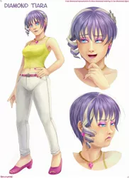 Size: 1700x2334 | Tagged: safe, artist:melisaongmiqin, derpibooru import, diamond tiara, human, alternate hairstyle, belly button, humanized, image, jewelry, jpeg, makeup, midriff, necklace, reference sheet, short hair, smiling, very short hair