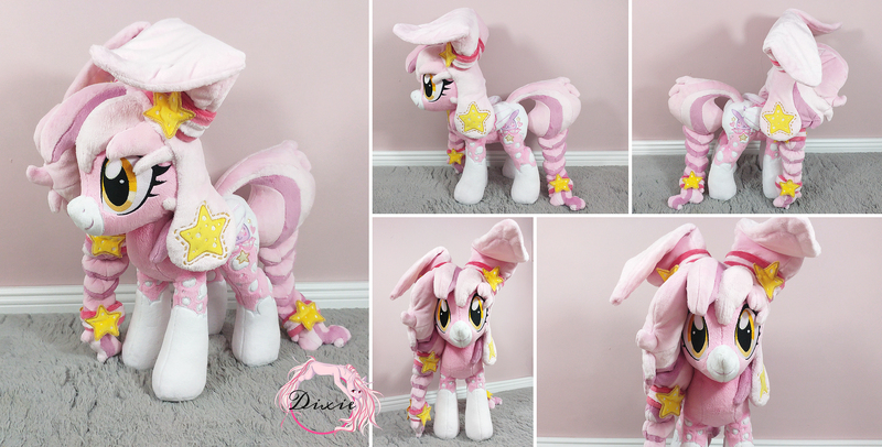 Size: 2314x1173 | Tagged: safe, artist:dixierarity, derpibooru import, oc, oc:sugarstar, pegasus, rabbit, animal, commission, ears, handmade, image, jpeg, pink, plushie, stars