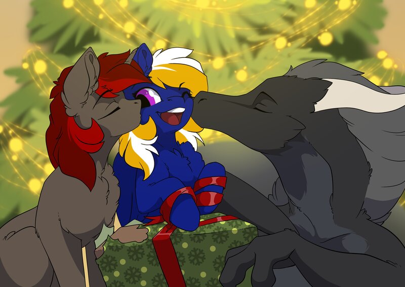 Size: 3508x2480 | Tagged: safe, artist:arctic-fox, derpibooru import, oc, unofficial characters only, dragon, pegasus, pony, unicorn, image, jpeg, kissing, present