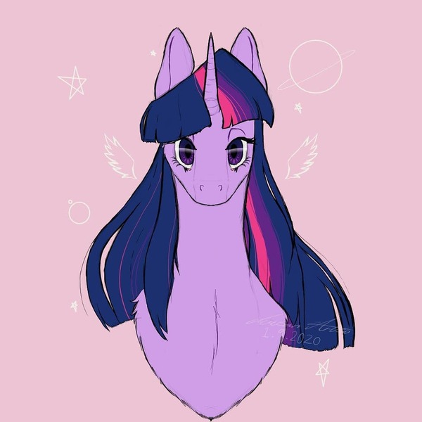 Size: 1024x1024 | Tagged: safe, artist:terato.lust, derpibooru import, twilight sparkle, pony, unicorn, bust, female, image, jpeg, mare, pink background, simple background, solo, unicorn twilight