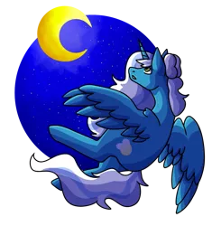 Size: 1045x1112 | Tagged: safe, artist:orangemoonarts, derpibooru import, oc, oc:fleurbelle, alicorn, pony, alicorn oc, bow, female, flying, hair bow, horn, image, mare, moon, night, png, simple background, sky, transparent background, wings