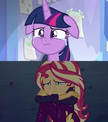 Size: 1920x2160 | Tagged: safe, derpibooru import, edit, edited screencap, screencap, sunset shimmer, twilight sparkle, twilight sparkle (alicorn), alicorn, human, pony, equestria girls, equestria girls series, sunset's backstage pass!, the ending of the end, spoiler:eqg series (season 2), comparison, crying, crylight sparkle, image, png, sad, scared, sunsad shimmer, tears of fear, teary eyes