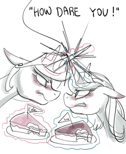 Size: 800x975 | Tagged: safe, artist:haden-2375, derpibooru import, princess celestia, princess luna, alicorn, pony, angry, bite mark, cake, duo, faceoff, female, food, grayscale, horn, horns are touching, image, looking at each other, magic, mare, monochrome, png, s1 luna, sketch, telekinesis