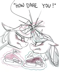Size: 800x975 | Tagged: safe, artist:haden-2375, derpibooru import, princess celestia, princess luna, alicorn, pony, angry, bite mark, cake, duo, faceoff, female, food, grayscale, horn, horns are touching, image, looking at each other, magic, mare, monochrome, png, s1 luna, sketch, telekinesis