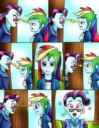 Size: 1648x2129 | Tagged: safe, artist:jerrydestrtoyer, derpibooru import, principal abacus cinch, rainbow dash, equestria girls, backfire, clothes, comic, female, glasses, grin, hypnosis, hypnotized, image, jpeg, outdoors, smiling