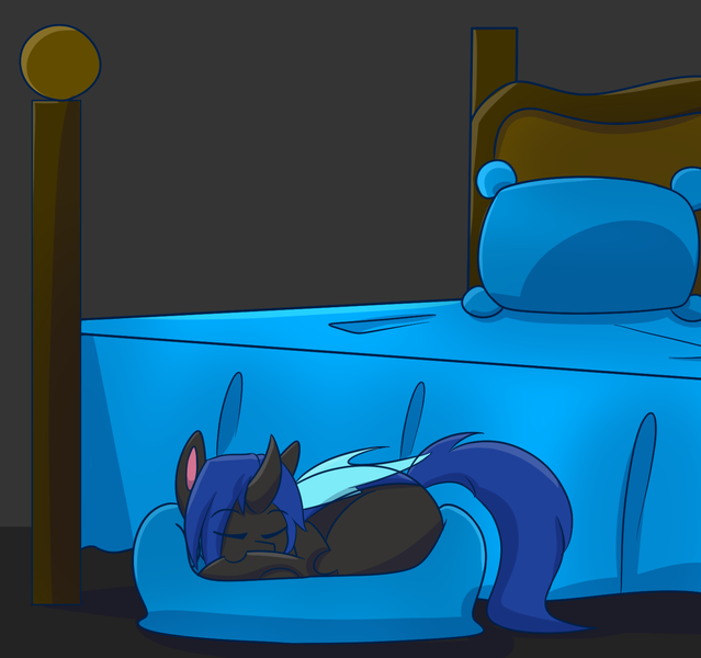 Size: 1456x1368 | Tagged: safe, artist:askhypnoswirl, derpibooru import, oc, oc:swift dawn, unofficial characters only, changeling, pony, bed, blue changeling, changeling oc, commission, cute, eyebrows visible through hair, eyes closed, image, male, pet, pet bed, png, pony pet, simple background, sleeping, smiling, solo, wings