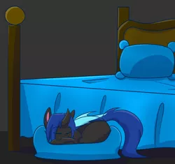 Size: 1456x1368 | Tagged: safe, artist:askhypnoswirl, derpibooru import, oc, oc:swift dawn, unofficial characters only, changeling, pony, bed, blue changeling, changeling oc, commission, cute, eyebrows visible through hair, eyes closed, image, male, pet, pet bed, png, pony pet, simple background, sleeping, smiling, solo, wings