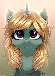 Size: 2900x4000 | Tagged: safe, artist:hakaina, derpibooru import, oc, oc:easy peasy, unofficial characters only, unicorn, fallout equestria, bust, commission, female, foe adventures, image, png, portrait, simple background, synth, ych result