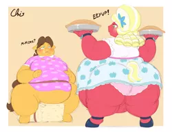 Size: 3300x2550 | Tagged: suggestive, artist:nekocrispy, derpibooru import, big macintosh, caramel, anthro, earth pony, unguligrade anthro, belly, bhm, big backintosh, big belly, bigger macintosh, caramac, clothes, crossdressing, fat, feeding, femboy, food, gay, huge belly, image, large butt, male, obese, orchard blossom, panties, pie, png, shipping, underwear