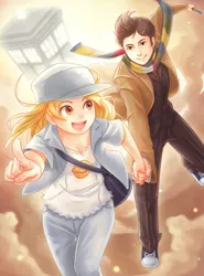 Size: 1275x1725 | Tagged: safe, artist:ninjaham, derpibooru import, derpy hooves, doctor whooves, time turner, human, breasts, cleavage, clothes, converse, crossover, david tennant, doctor who, female, humanized, image, jpeg, male, screwdriver, shoes, tardis, tenth doctor, the doctor, underp