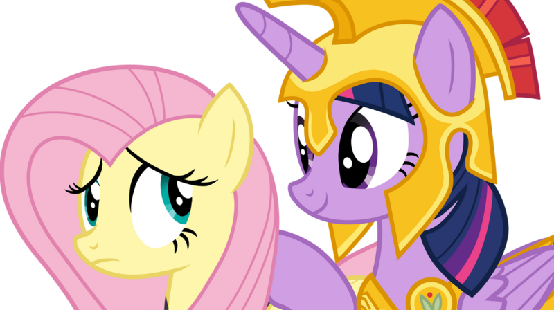 Size: 1024x574 | Tagged: safe, artist:shutterflyeqd, derpibooru import, fluttershy, twilight sparkle, alicorn, pony, scare master, armor, athena sparkle, clothes, costume, duo, female, image, mare, png, simple background, transparent background, vector