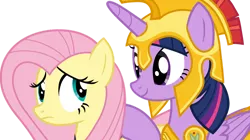 Size: 1024x574 | Tagged: safe, artist:shutterflyeqd, derpibooru import, fluttershy, twilight sparkle, alicorn, pony, scare master, armor, athena sparkle, clothes, costume, duo, female, image, mare, png, simple background, transparent background, vector