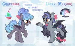 Size: 1024x631 | Tagged: safe, artist:chotbophoe, derpibooru import, oc, oc:grapesoda, oc:loony murmur, unofficial characters only, bat pony, pony, bow, chest fluff, cute, ear fluff, female, image, jpeg, mane bow, mare, smiling, tail bow, unshorn fetlocks